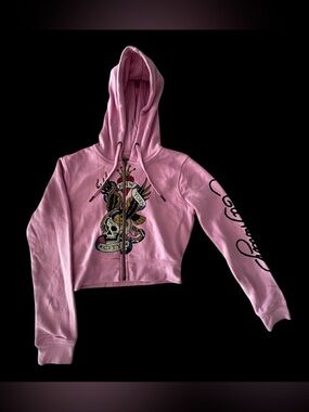 Ed Hardy Pink Cropped Zip Hoodie Skull Snake NYC Graphic NWT Size M Y2K